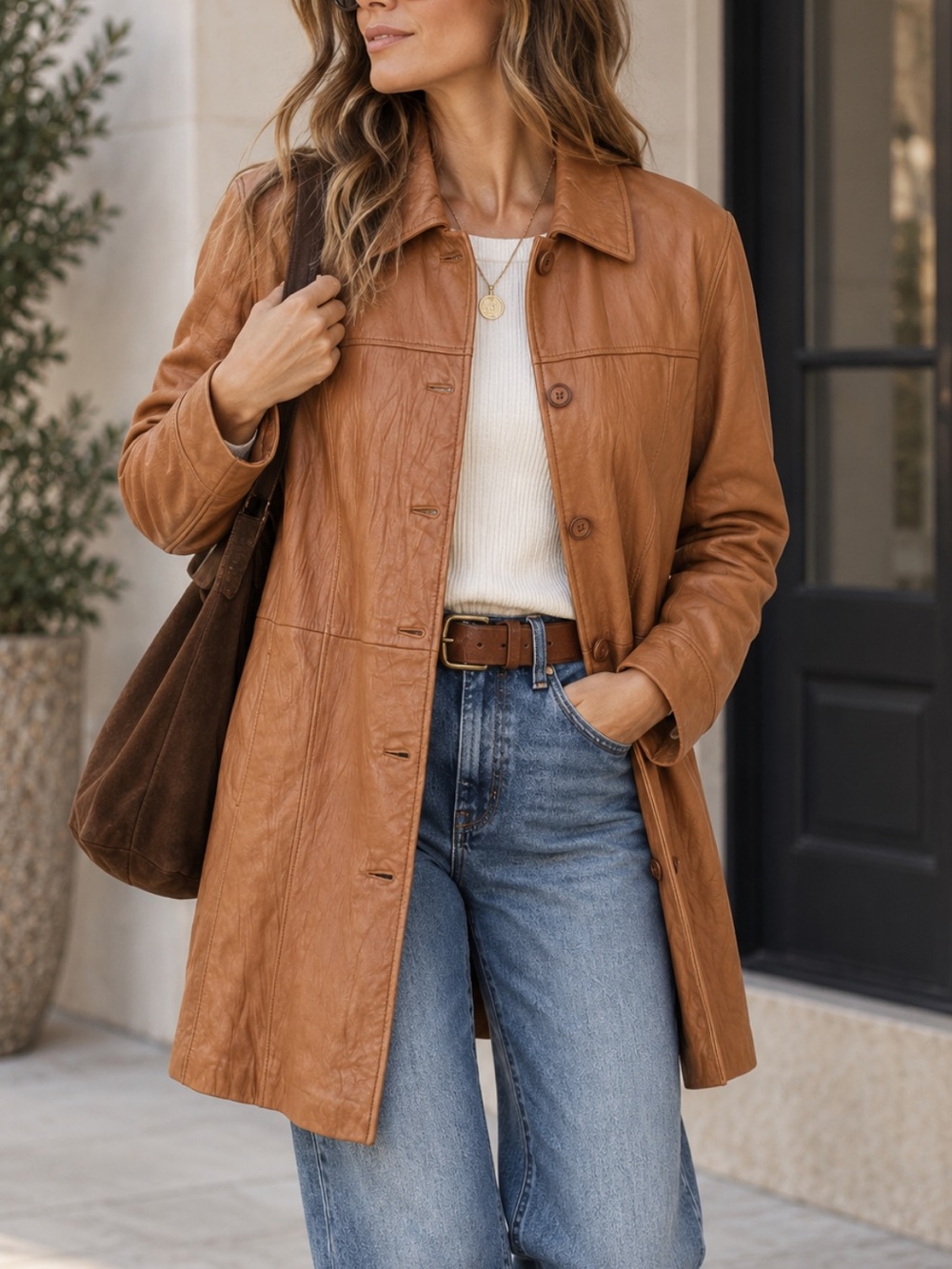 Adler Collection Vintage Lamb Leather Brown Leather Button-Front Jacket
